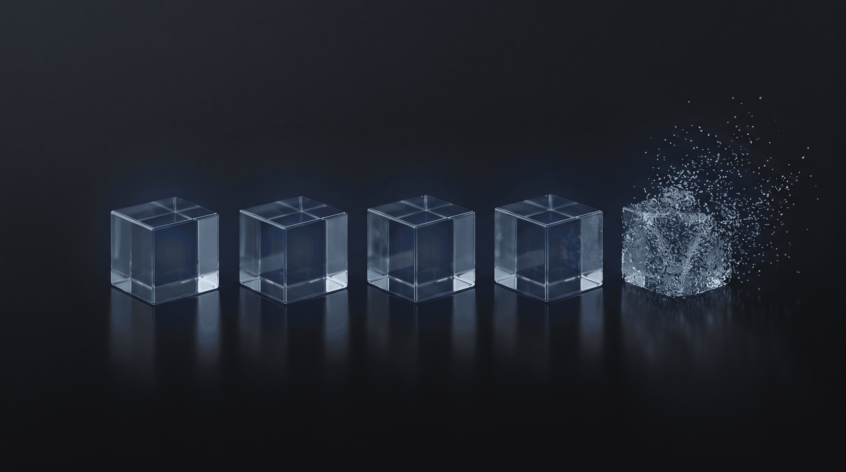 A row of identical glass cubes with the last one dissolving into fine particles