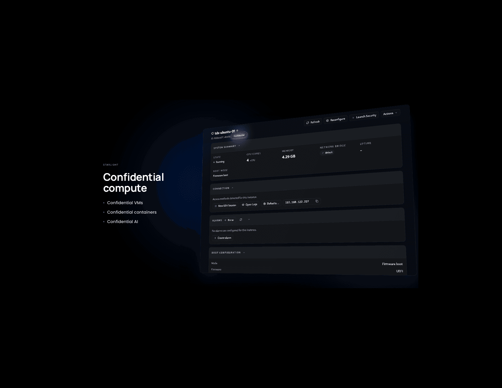 Starlight console showing a confidential VM with TDX-protected memory, labelled with the three workload classes: confidential VMs, confidential containers, confidential AI.