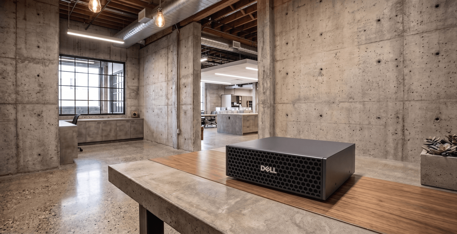 A Dell Pro Max with GB10 sitting on a wooden bench in an industrial loft setting, lit warmly against concrete walls and overhead Edison bulbs.