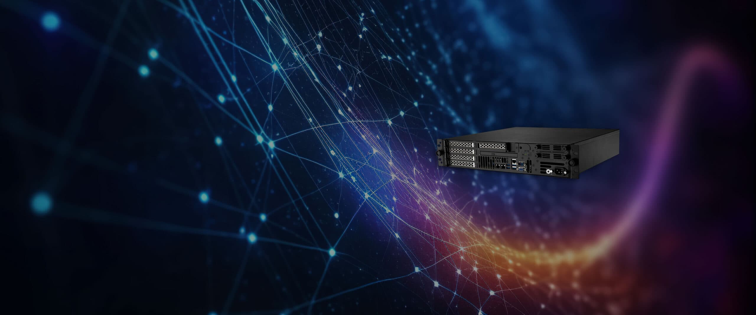 HIPER Global HG-5610-2UF rugged 2U edge server against a dark network mesh background.