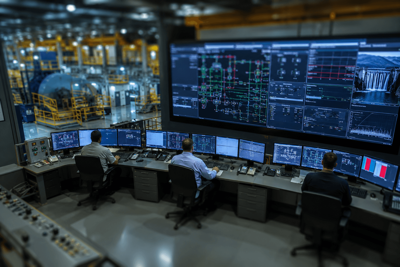 Industrial control room: operators monitoring multi-screen SCADA dashboards over a power-generation facility floor.