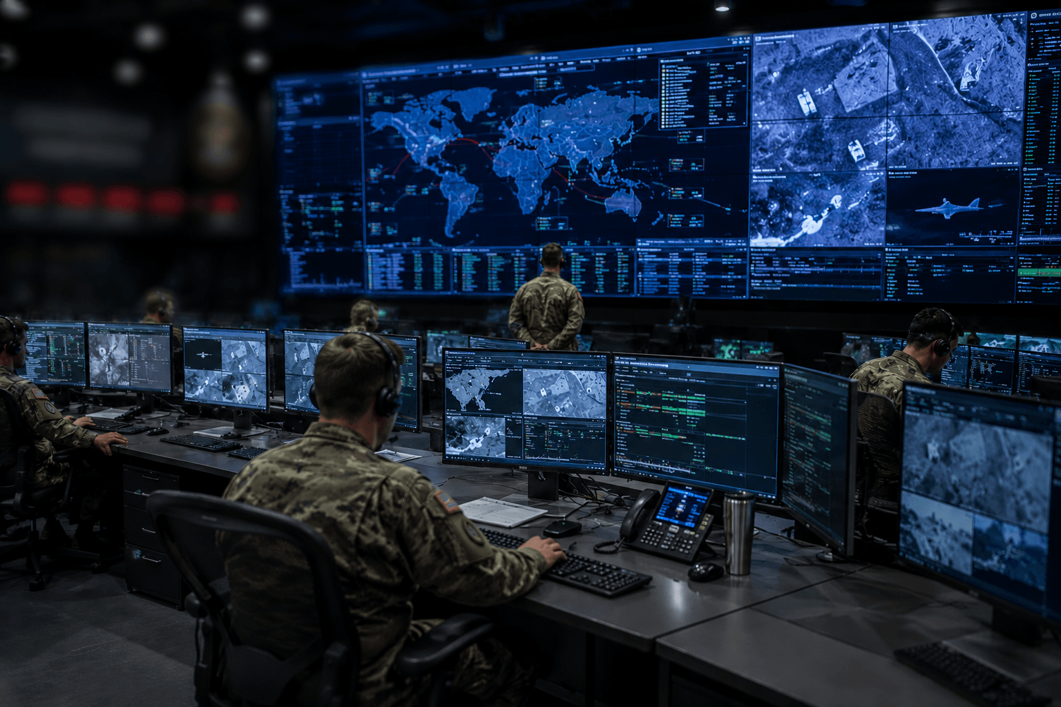 Military operations center: uniformed personnel monitoring tactical displays with a world map, satellite imagery, and mission data.