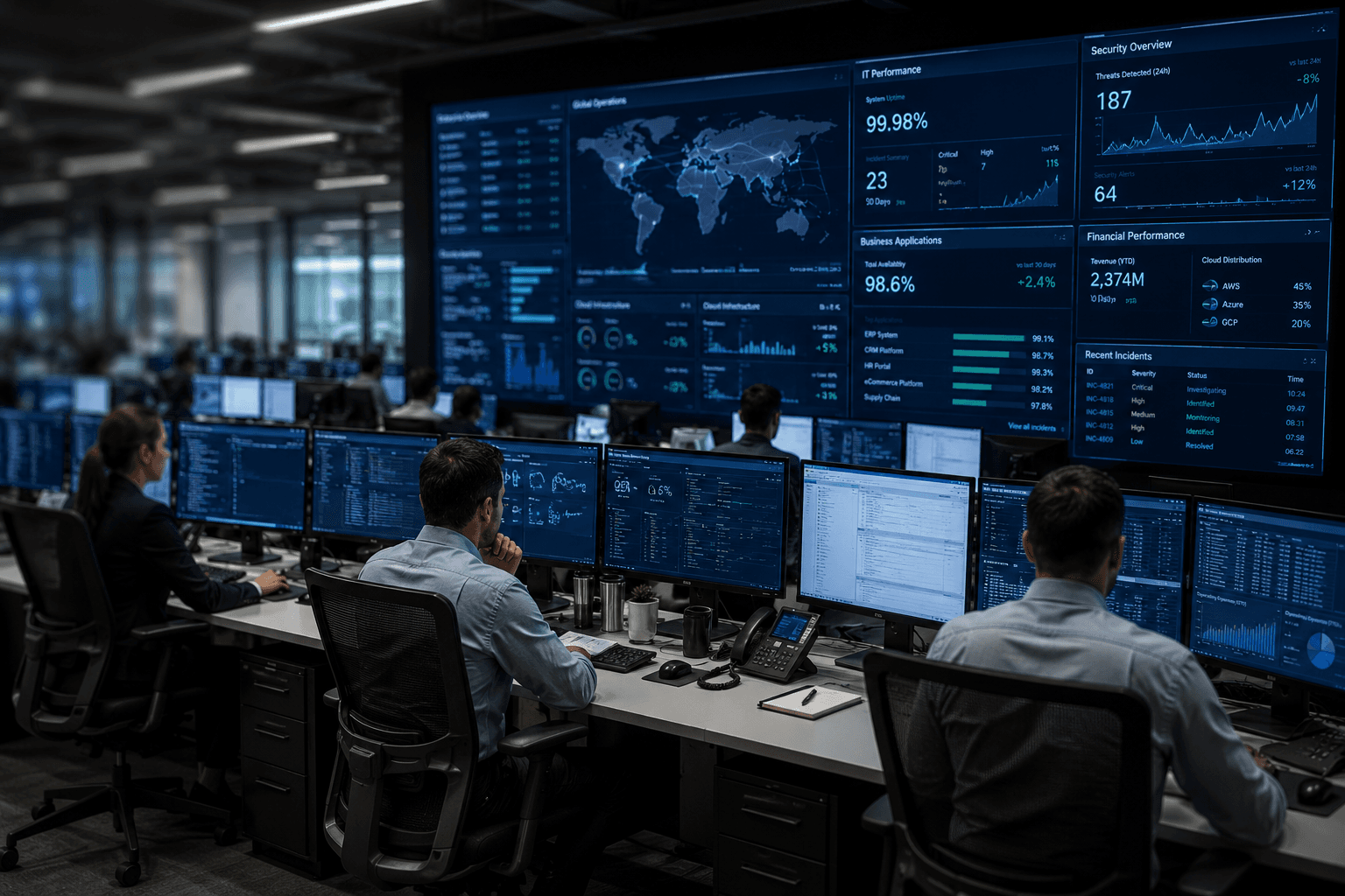 Enterprise security operations center: analysts monitoring performance and security dashboards with KPIs and incident metrics on large wall displays.