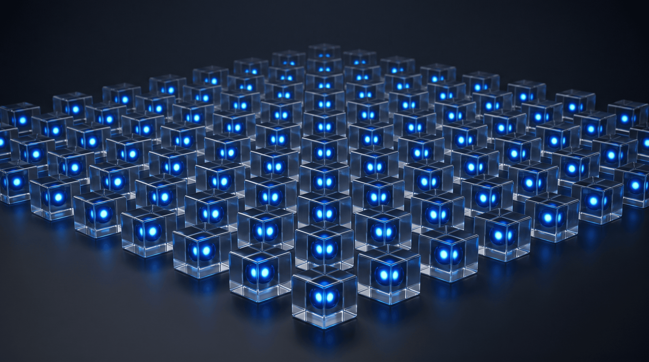 Rows of glass cells, each holding its own bright core