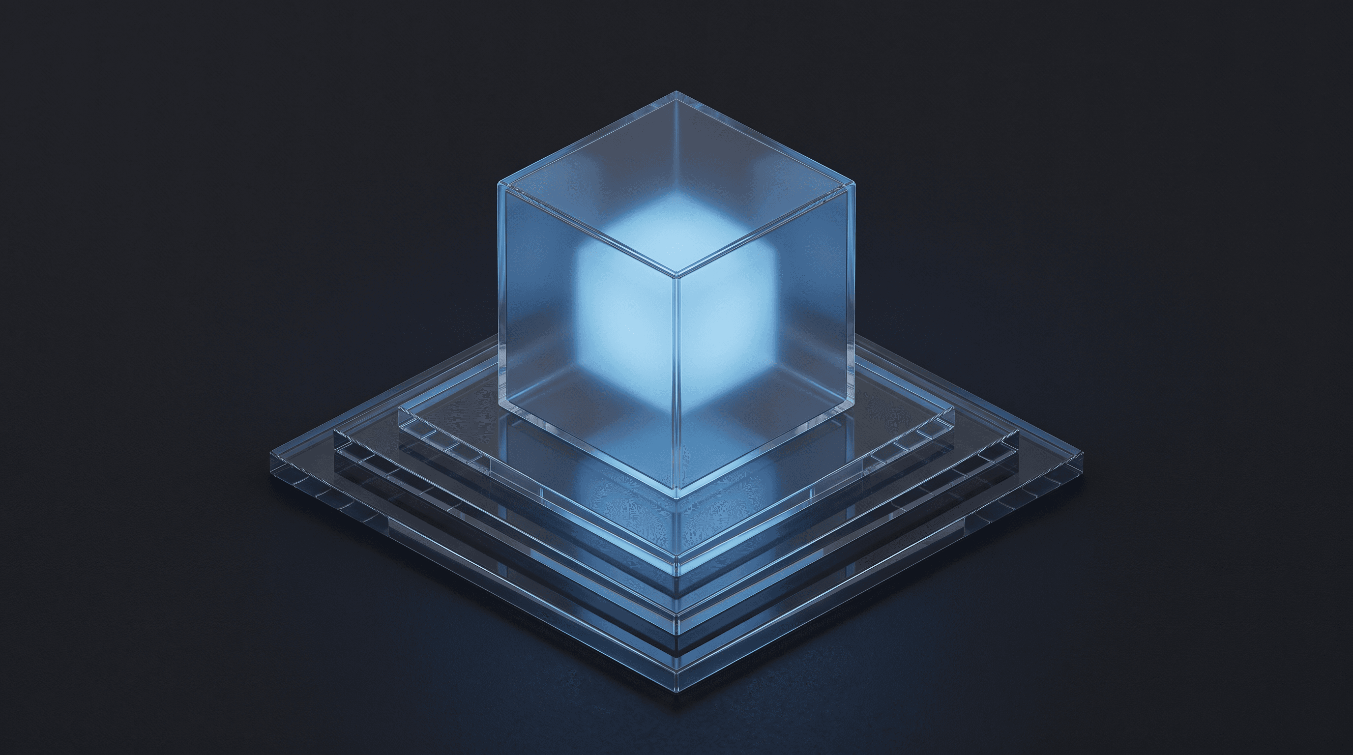 A glass cell standing on layered glass foundation slabs