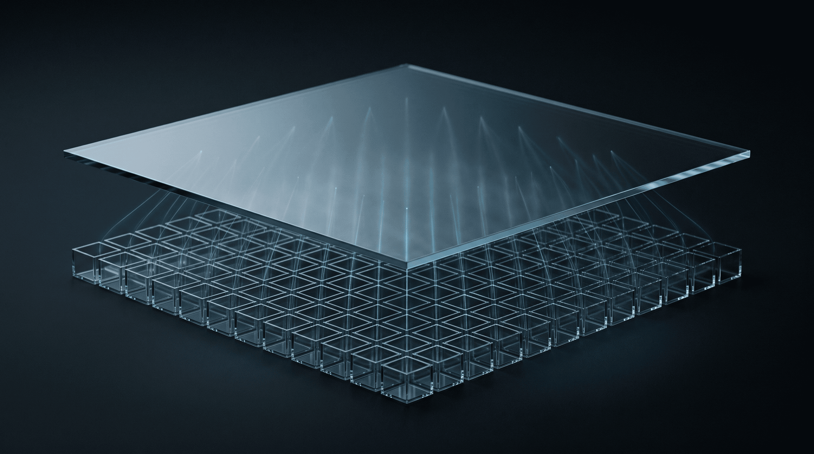 A translucent orchestration plane above a grid of glass cells