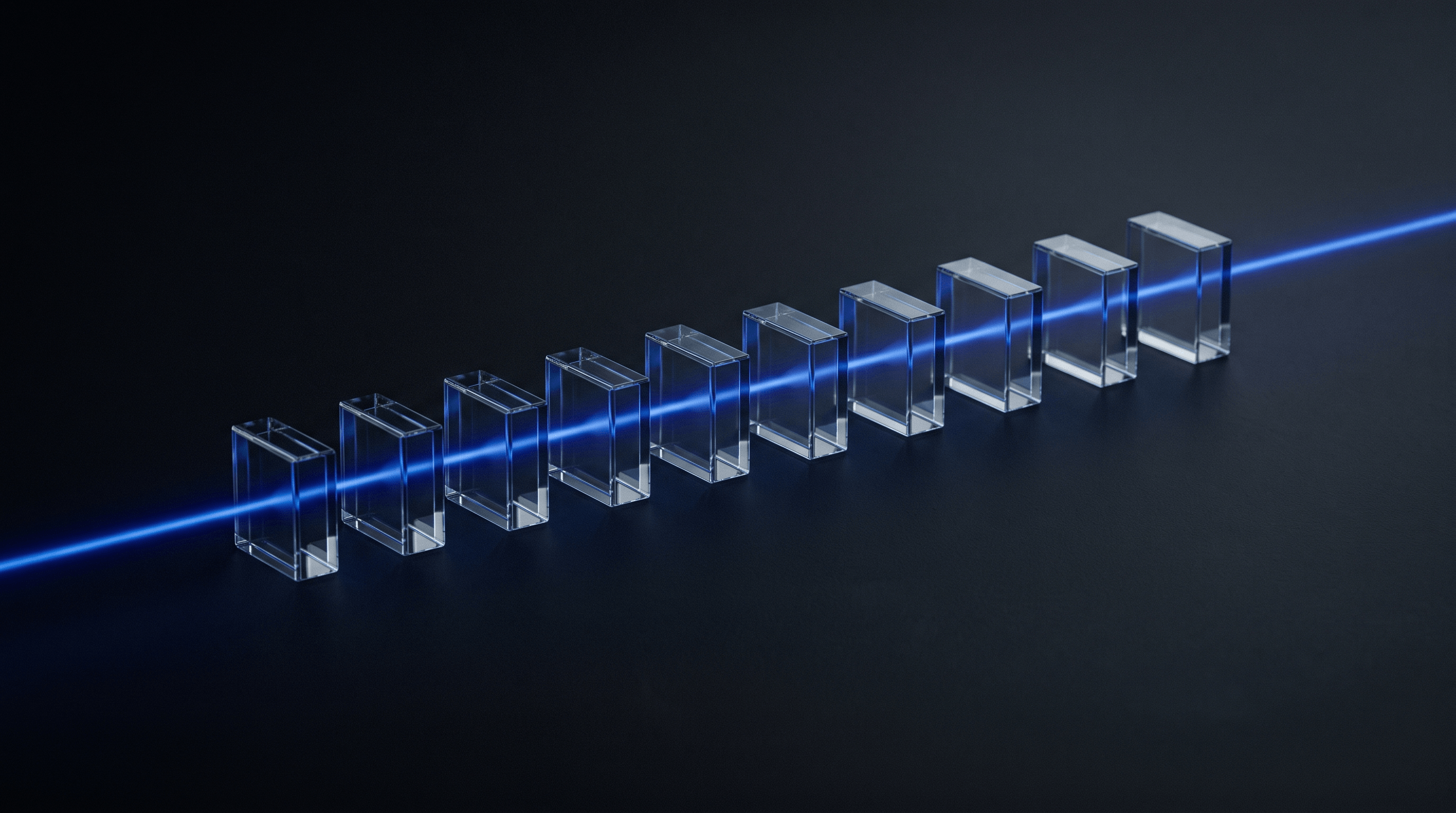 A row of glass cells carrying one continuous beam of light