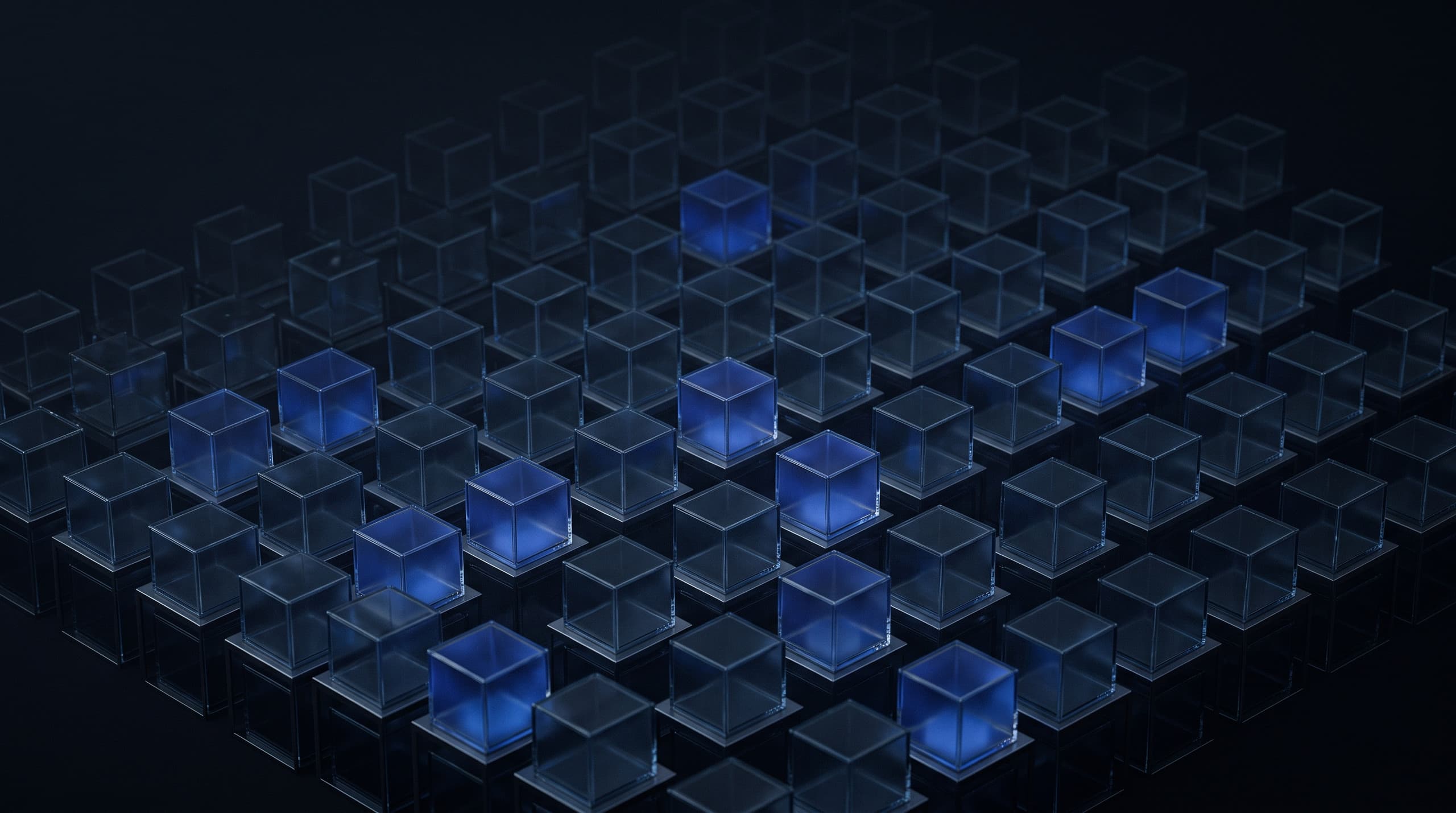 A repeating grid of glass storage blocks with a few lit softly from within