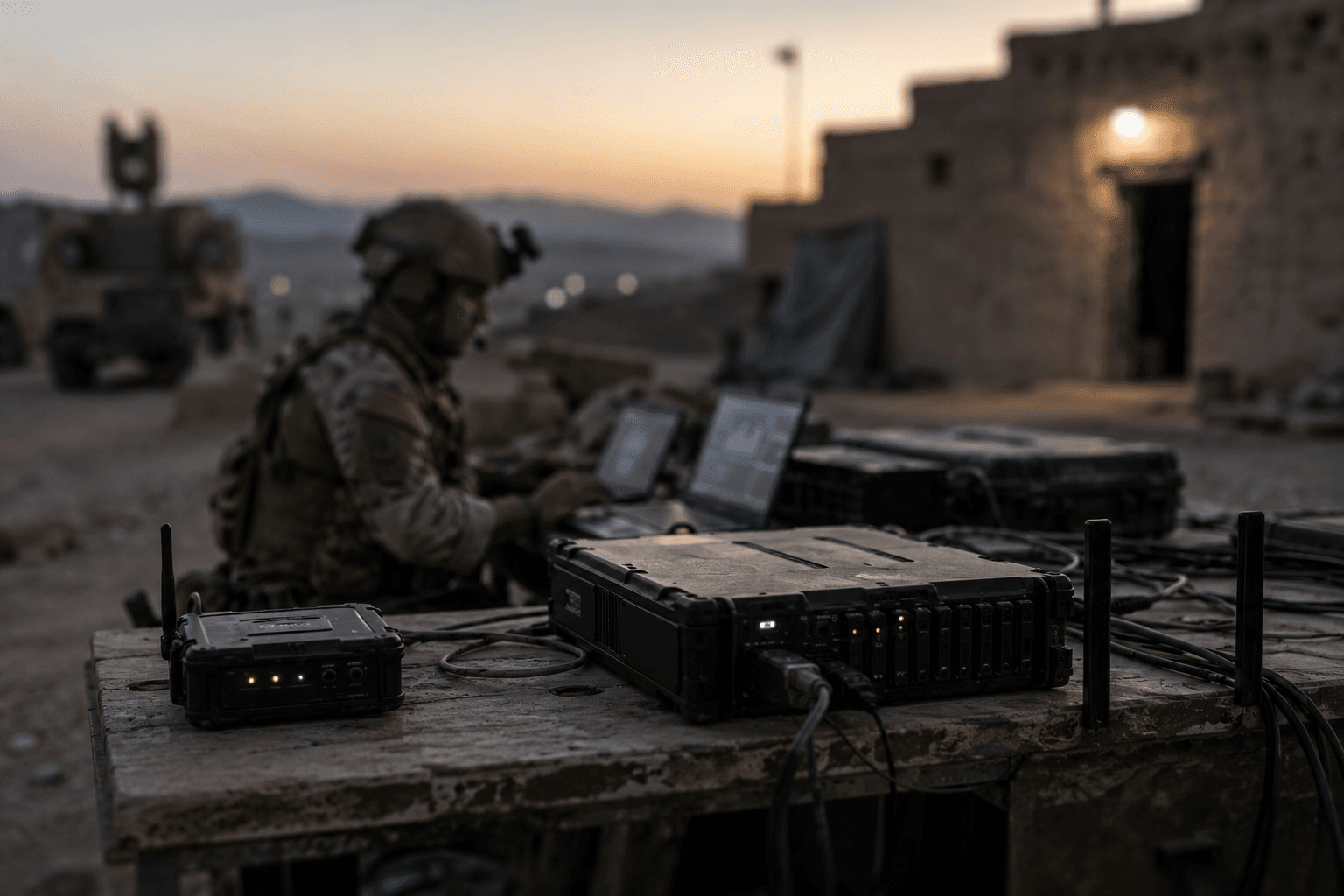 Soldier operating ruggedized network gear at a forward operating base at dusk — tactical-edge compute deployed in austere conditions.