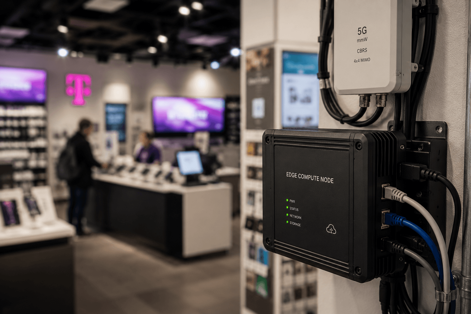 Edge compute node mounted on the wall of a retail store, with status LEDs and cabling visible — distributed infrastructure deployed at branch locations.