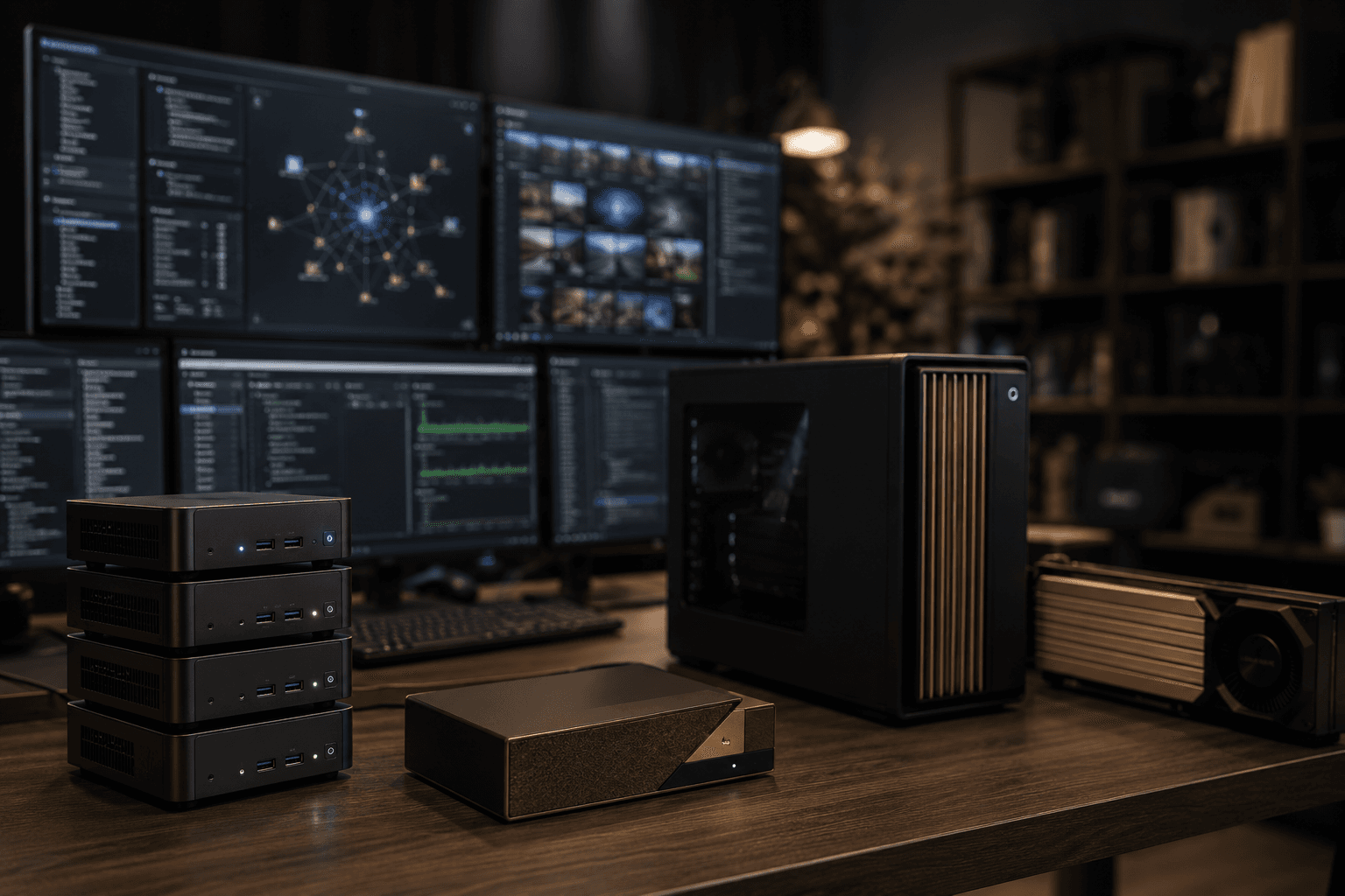 Compute appliance stack on a workspace desk with monitors showing code and a knowledge-graph visualization — AI infrastructure running on hardware the operator owns.