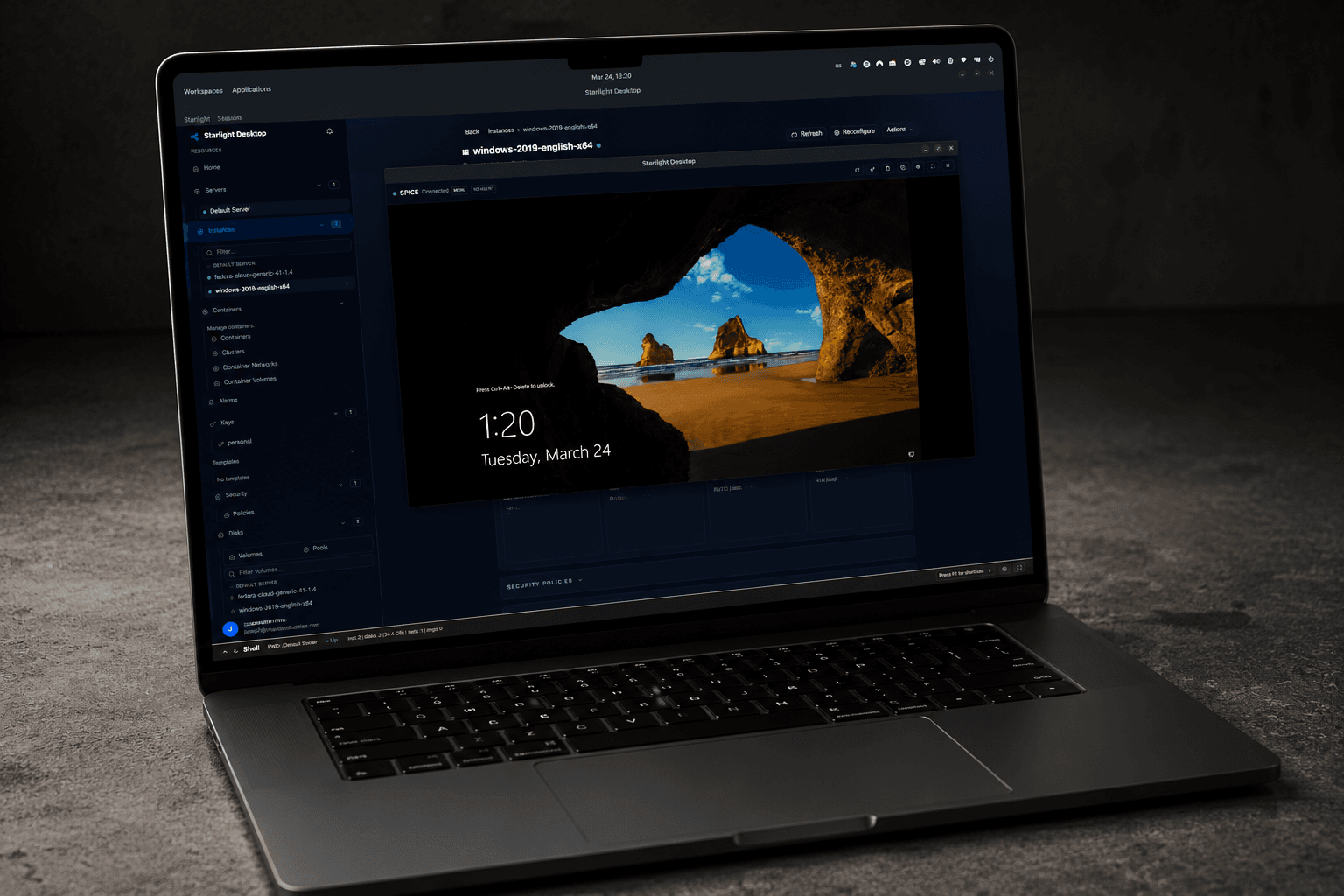 Laptop displaying a virtualization management console running a Windows VM — the same workloads, a different platform underneath.